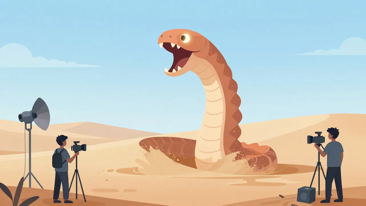 Sandworm half-practical, half-digital emerging from desert, with film crew nearby in minimalist style.
