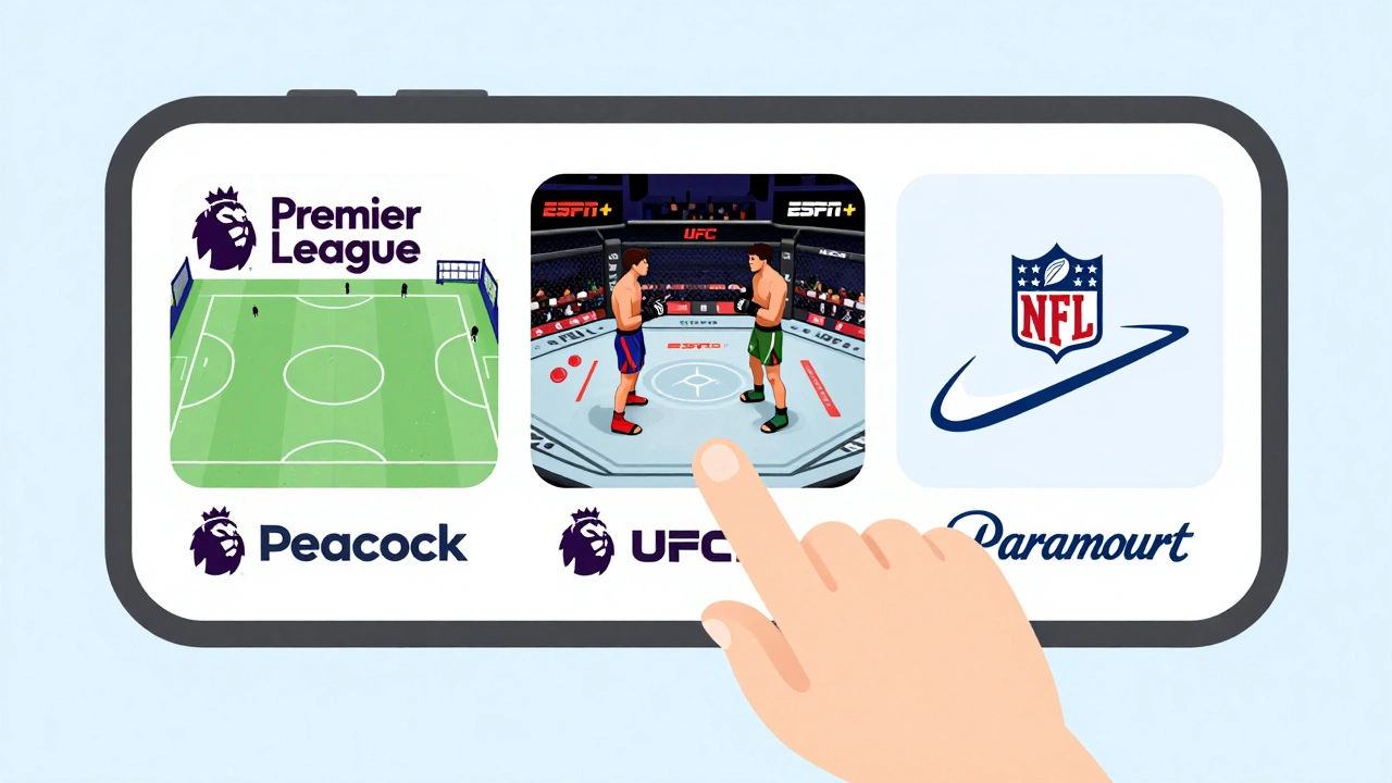 Smartphone screen showing three sports streams, with finger pointing to Peacock&#039;s Premier League match.