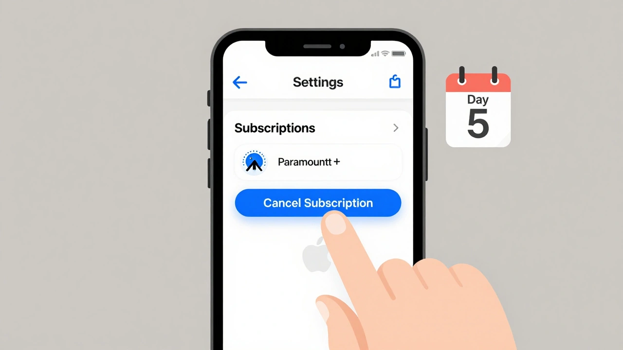 Smartphone showing Settings app with Paramount+ subscription being canceled.