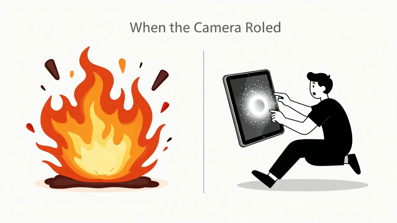 Split illustration showing real explosion on one side and digital dust effects on the other.