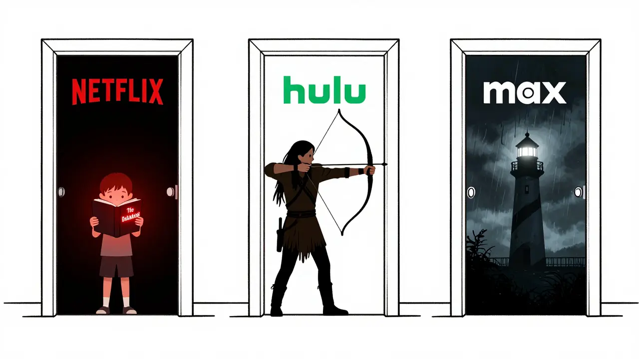 Three doorways leading to streaming services, each revealing a subtle horror scene.