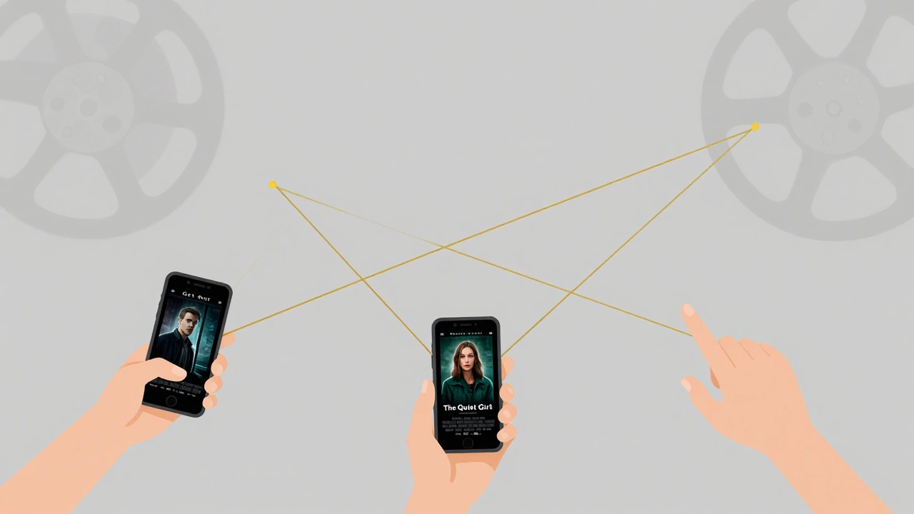 Three phones with indie film posters connected by golden threads, symbolizing word-of-mouth spread.