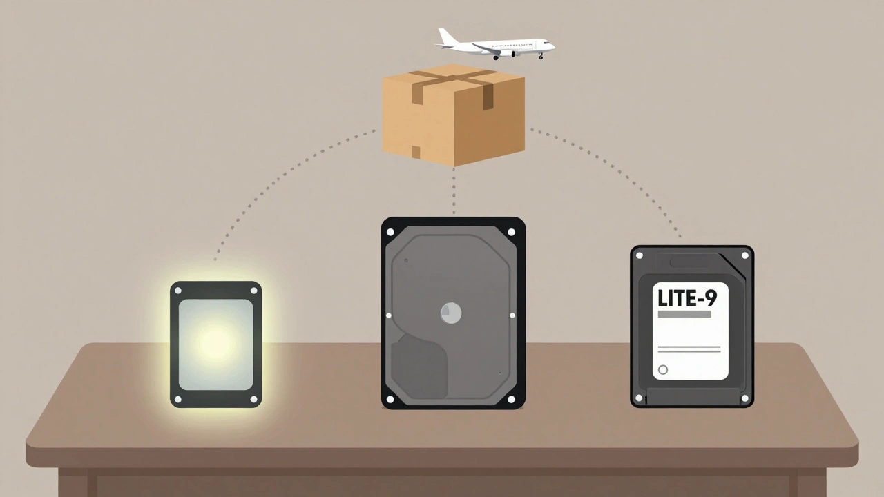 Three storage types—SSD, HDD, and LTO tape—connected in a triangle representing the 3-2-1 backup rule.