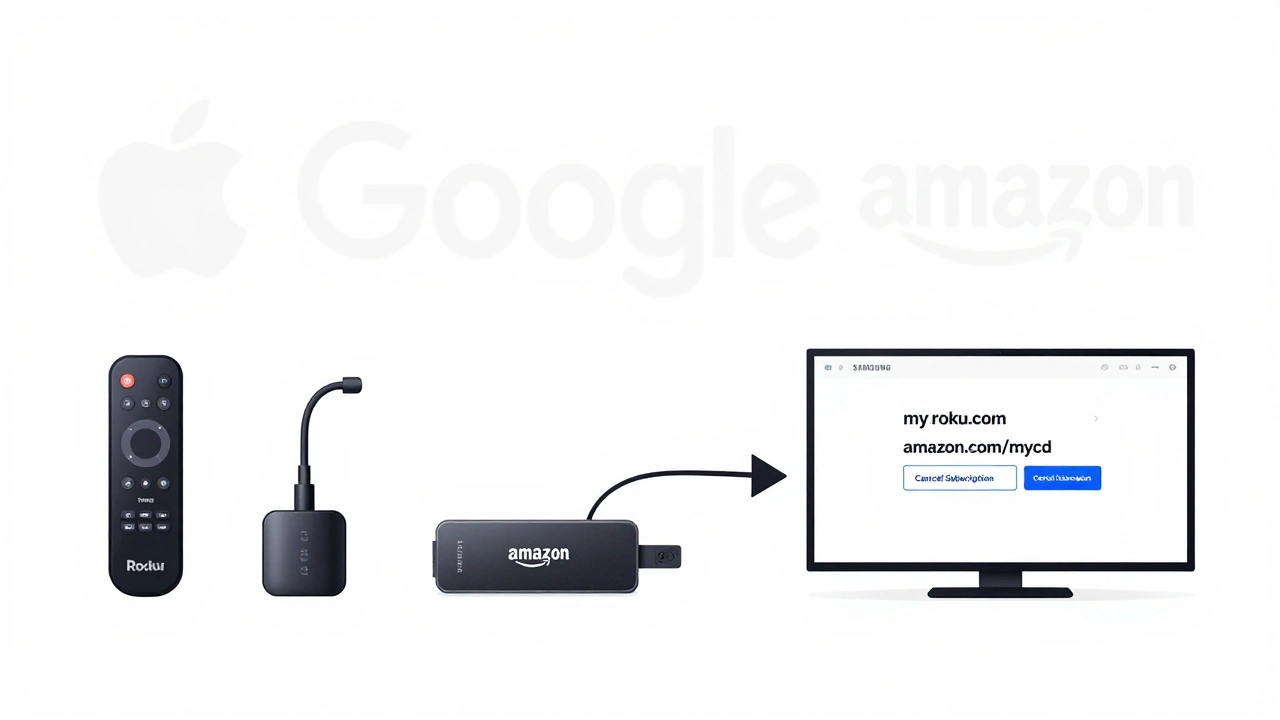 Three streaming devices connected to cancellation pages on a computer screen.