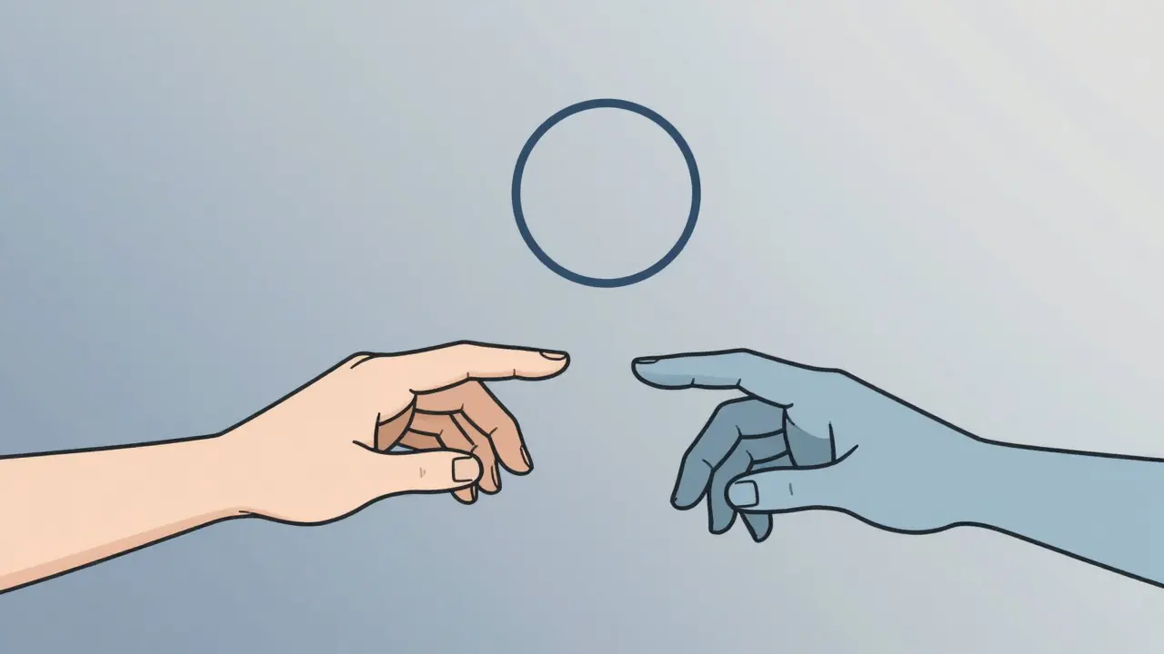 Two hands nearly touching with a circular symbol between them.