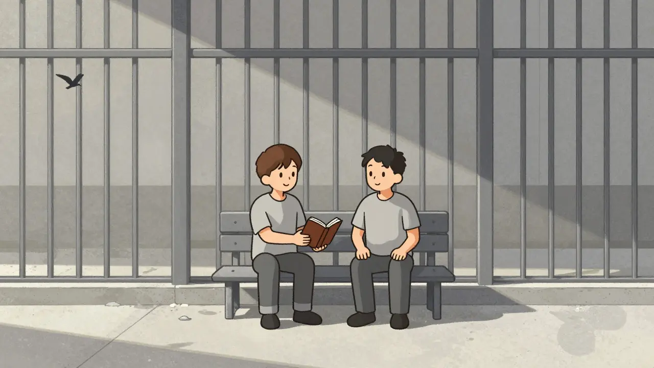 Two men sit on a prison bench, one handing the other a book in quiet companionship.