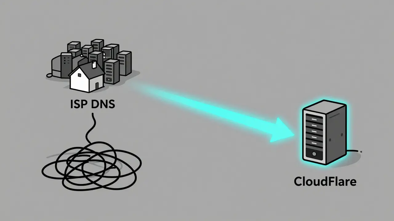 Two network paths: one tangled and slow, one direct and fast, showing how custom DNS improves connection speed.