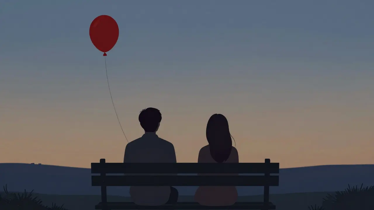 Two people on a bench at dusk, a red balloon drifting away.