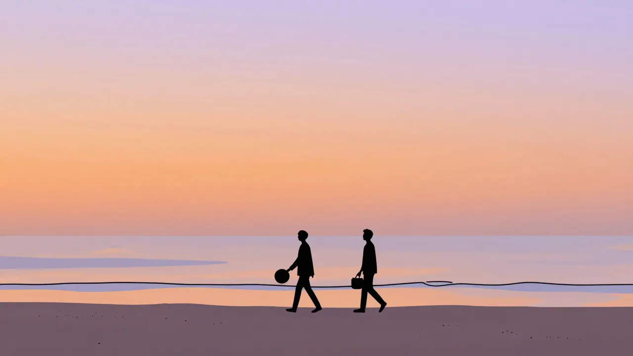 Two silhouettes walk along a beach at sunset, symbolizing freedom and hope.