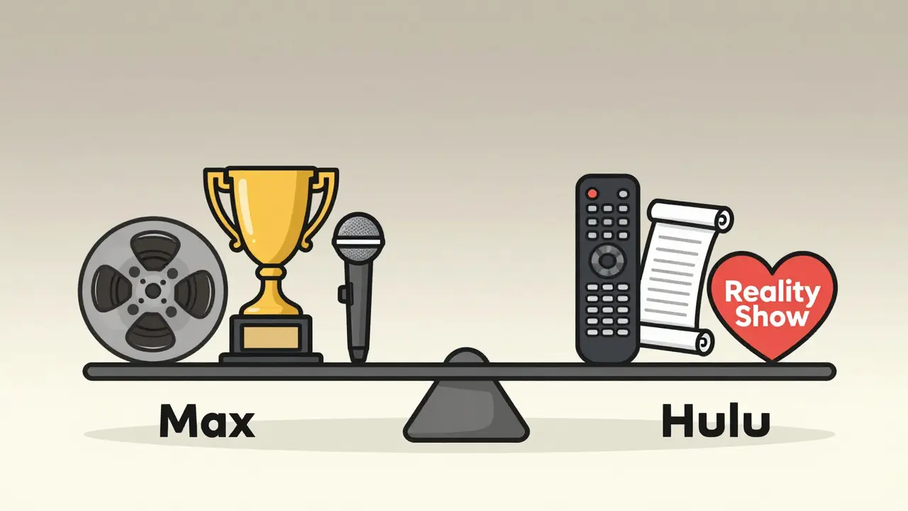 A balanced scale comparing Max's movies and sports with Hulu's reality and anime content.