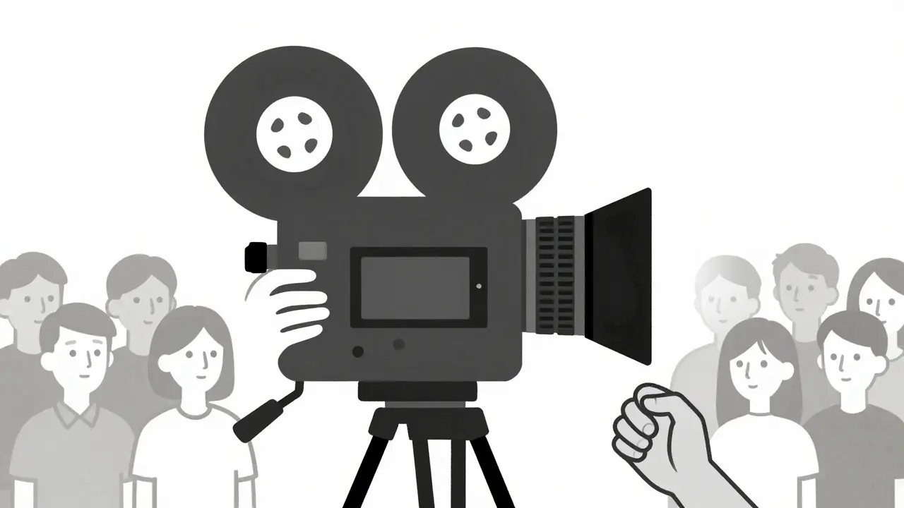 A camera gripped by large and small hands, projecting anonymous faces, drawn in clean minimalist lines.