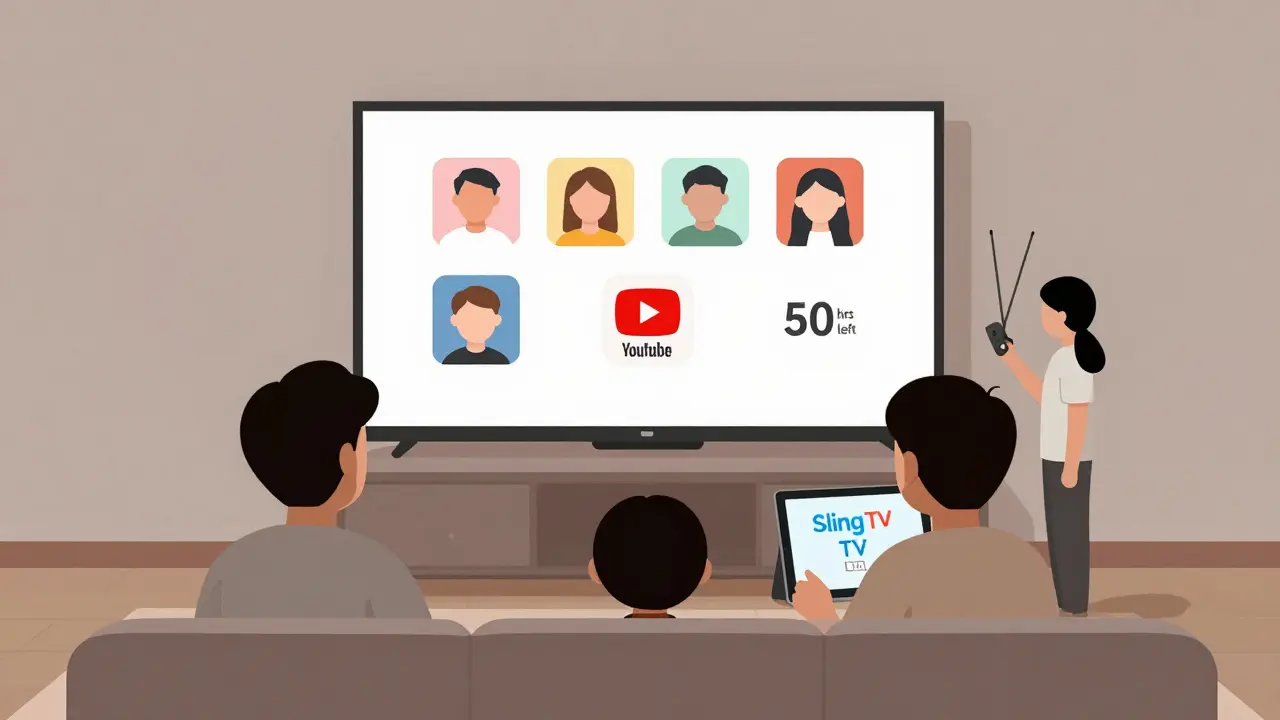 A family using different TV services at home, highlighting unlimited streaming vs limited DVR and missing local channels.