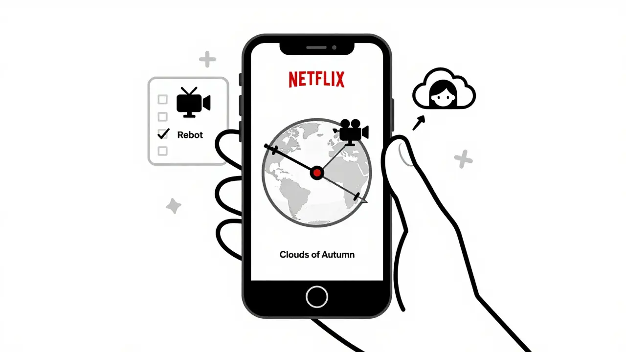 A hand holding a phone showing Netflix's global releases: a sword, a camera, and a cloud, with checkmarks nearby.