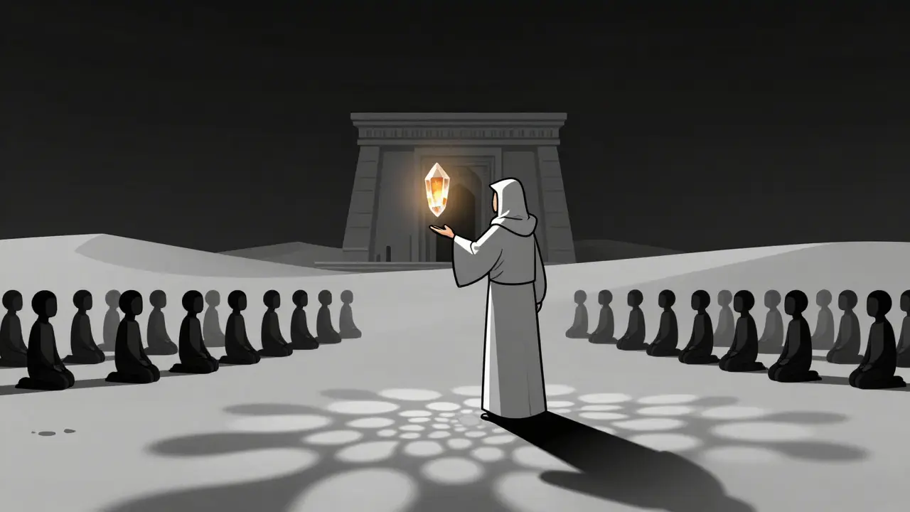 A hooded prophet reaches toward a glowing spice crystal amid kneeling faceless followers.