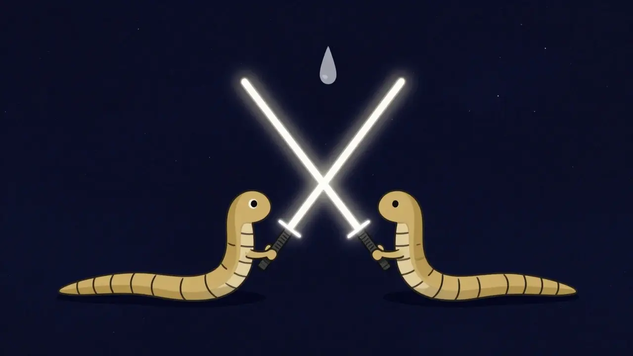 A lightsaber and sandworm cross in space above a tear-shaped nebula, symbolizing mythic duality.