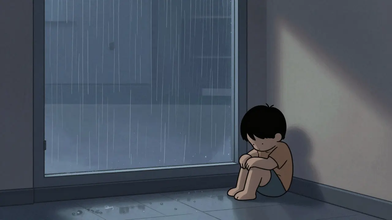 A lonely child in a rainy hallway, drawn with minimal lines and shadow.