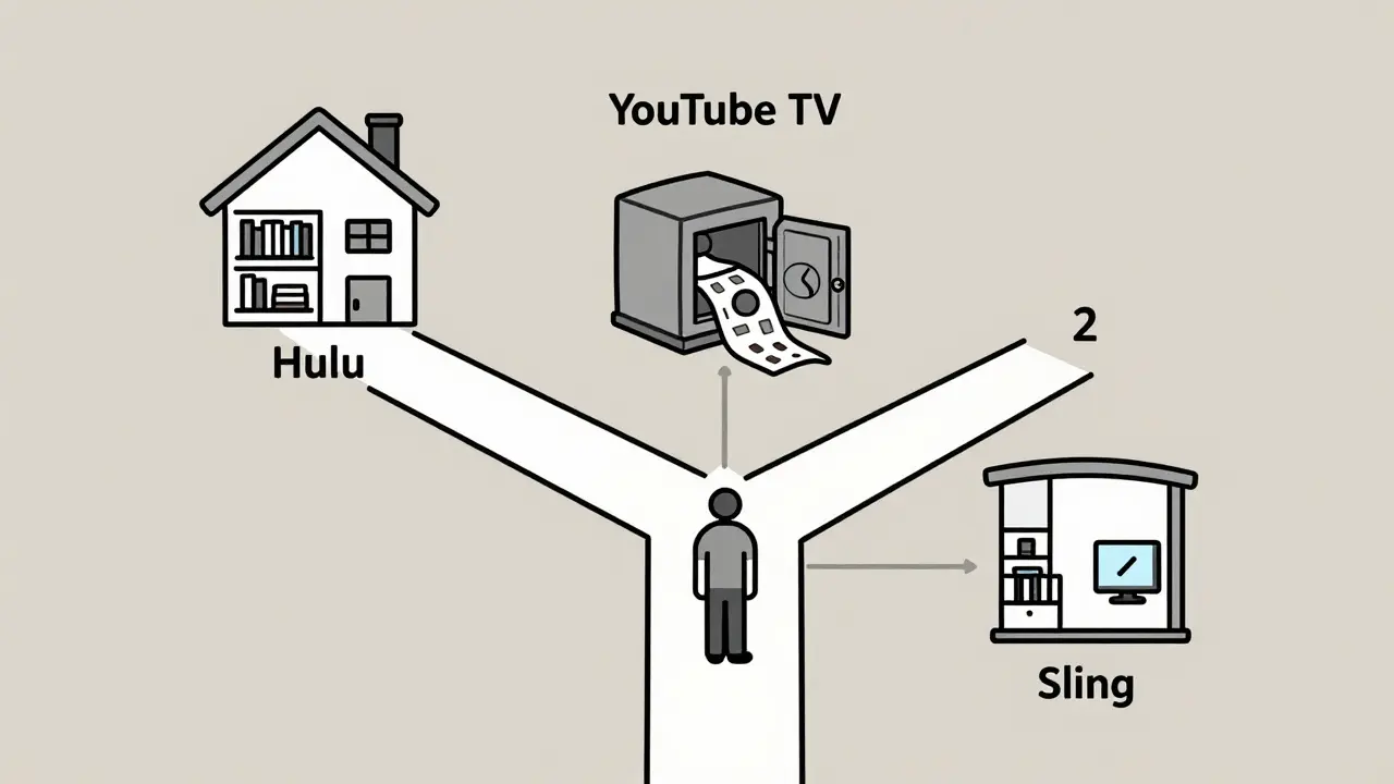 A person choosing between three streaming options, each path representing a different service's strengths and trade-offs.