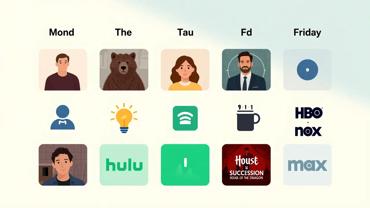 A weekly calendar highlighting Hulu's current shows and Max's HBO originals.