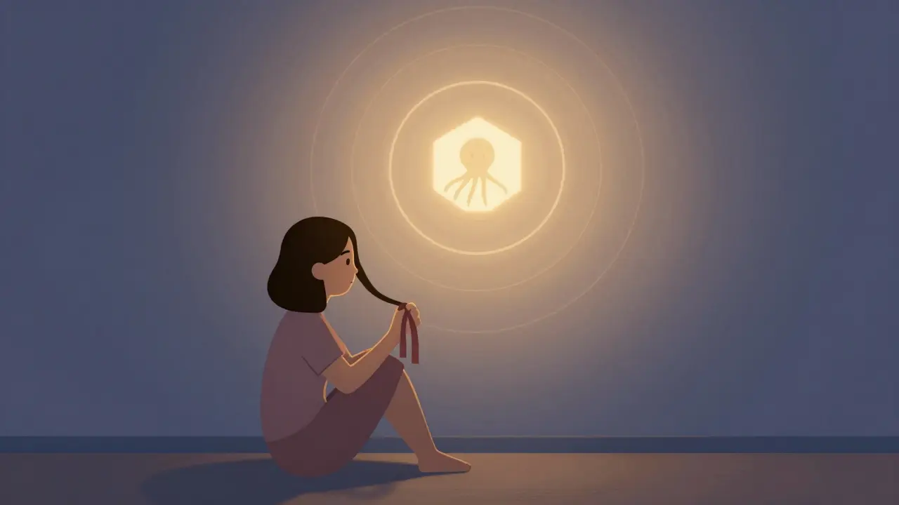 A woman holds a child's ribbon as a glowing alien symbol casts soft rings of time on the wall behind her.