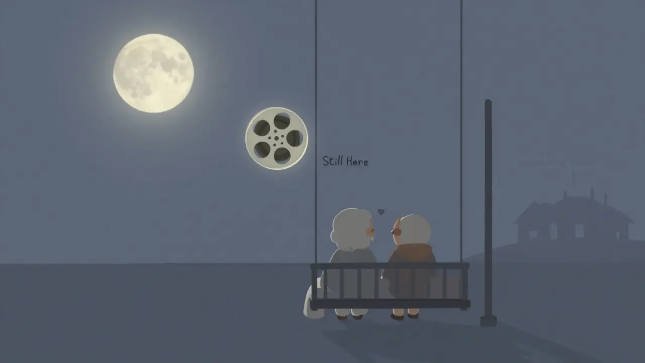 An elderly couple on a porch at night, with a glowing film reel and a whispering house silhouette in the calm moonlight.