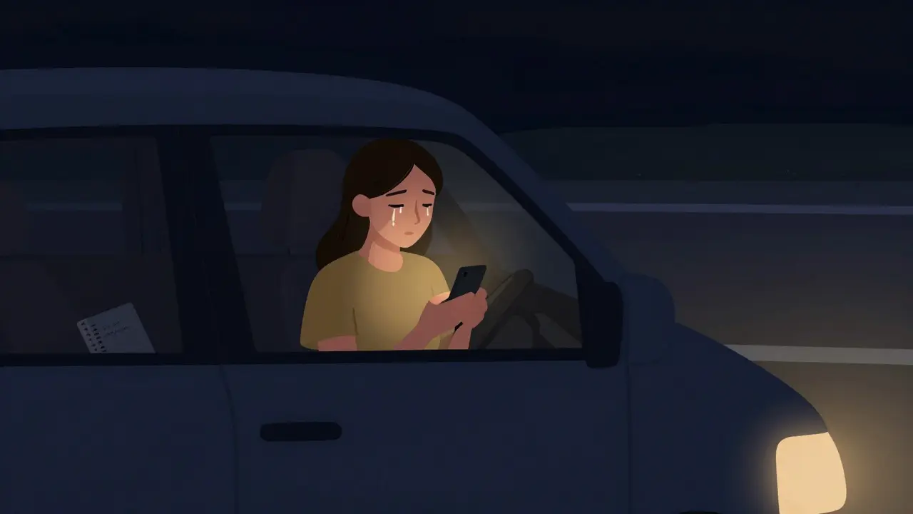 Becca in her car at night, tears falling as she listens to a heartfelt voicemail, journal beside her.