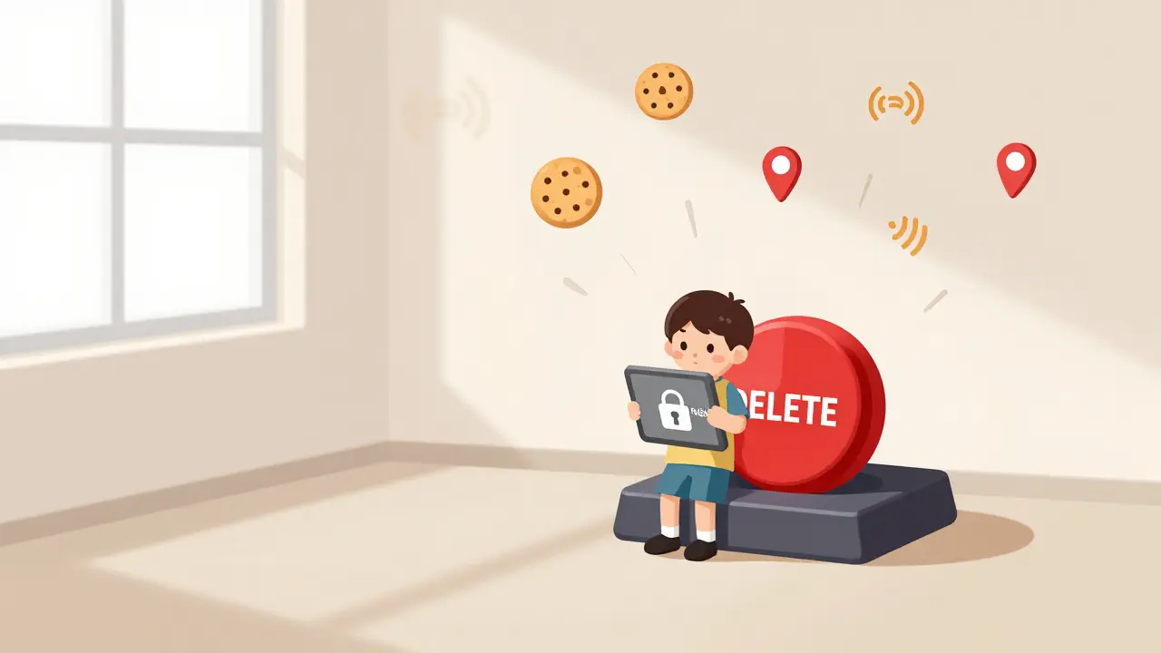 Child holding locked tablet beside a delete button, fading data icons around them.