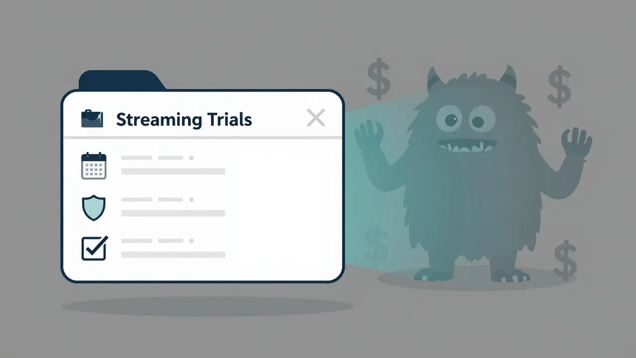 Clean email folder for streaming trials, with a fading auto-renewal threat in the background.