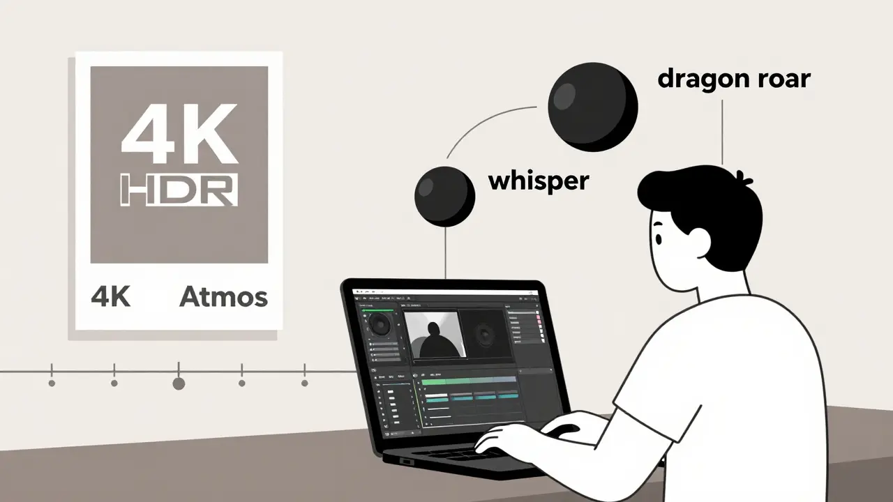 Creator editing video with 3D audio spheres floating around the screen, representing spatial sound placement.