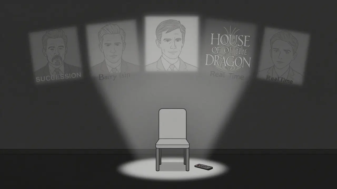 Empty chair with a remote and shadow projections of popular Max Originals.