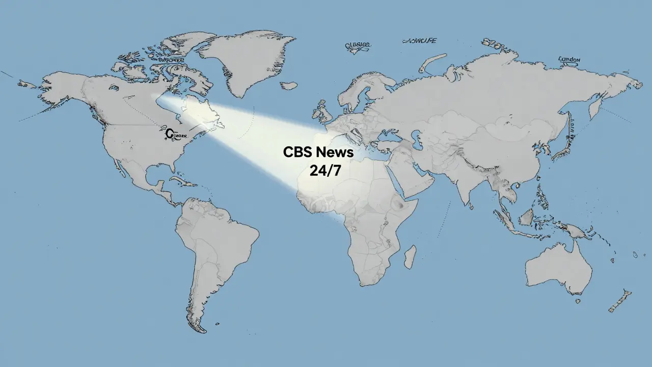 Global map with light beam from U.S. showing CBS News 24/7 streaming internationally in minimalist design.