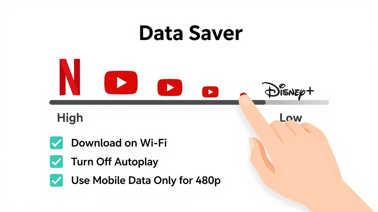 Hand adjusting a data saver slider, reducing streaming quality icons and showing tips below.