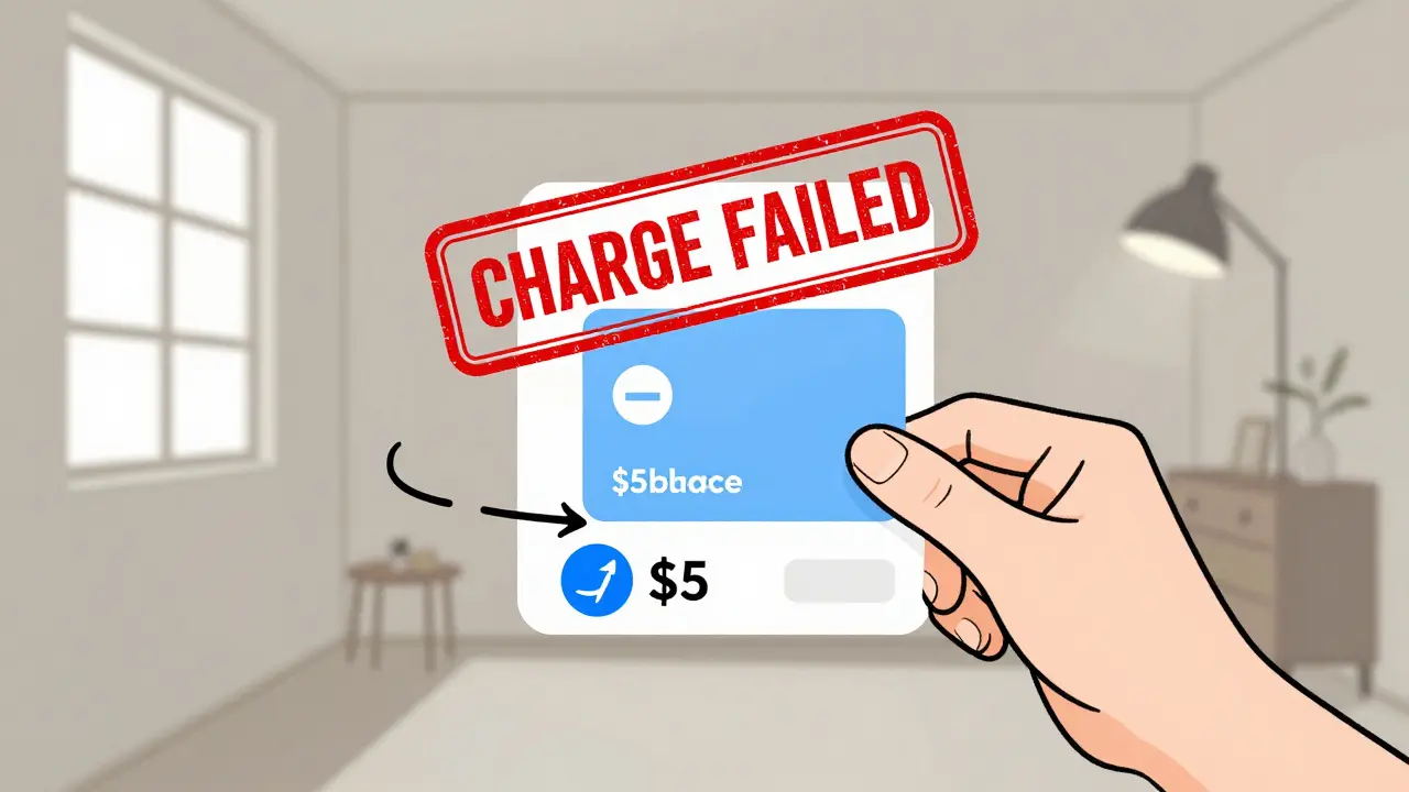 Hand using a prepaid card to prevent unwanted streaming charges, with a failed charge notification.