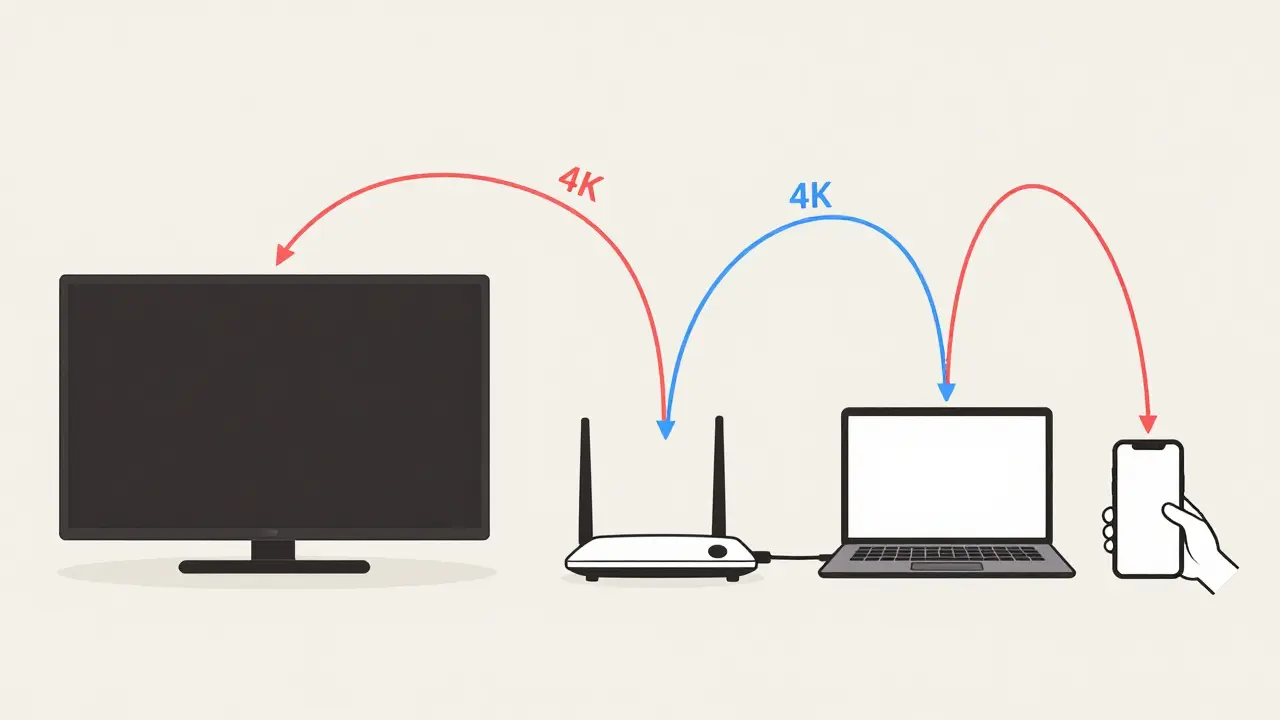 Home devices connected to router, with data streams reduced from thick to thin for efficiency.