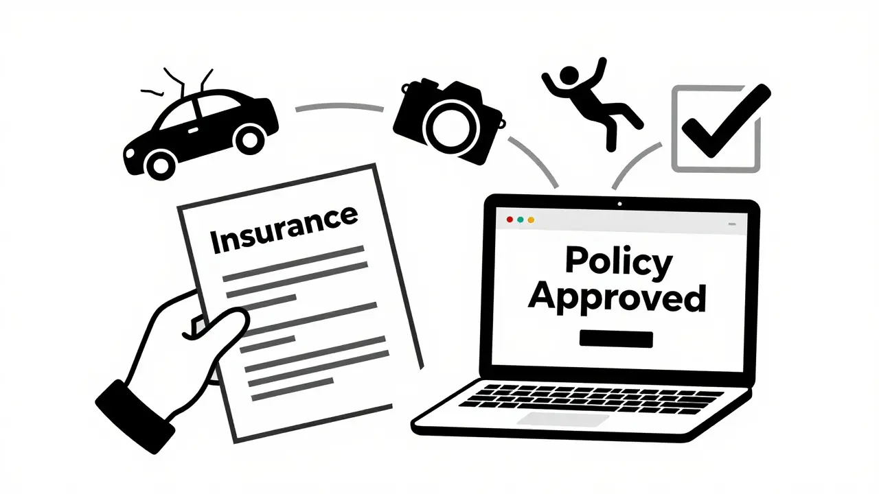 Insurance document next to laptop with icons of damage and a checkmark confirming coverage