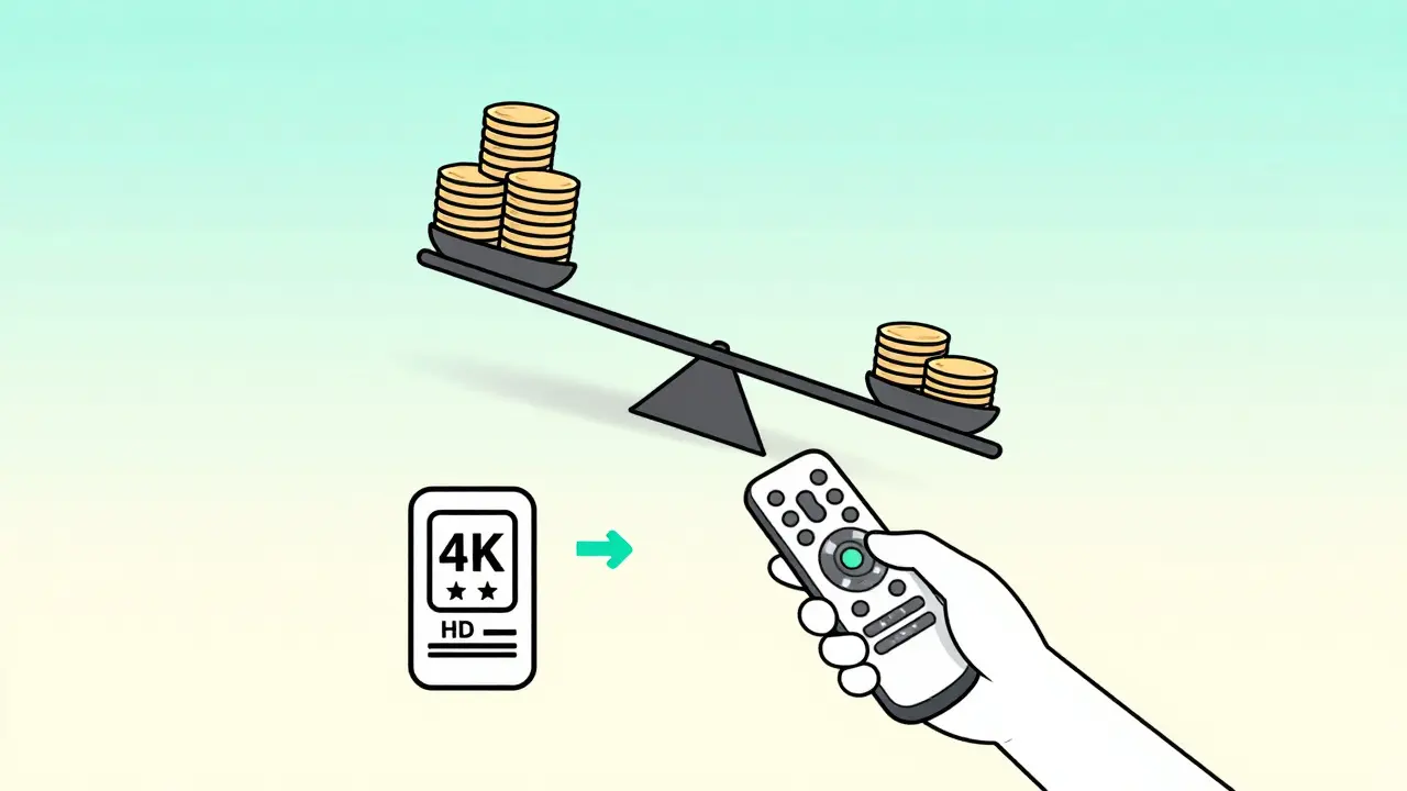 Person switching streaming tiers with a balance scale showing cost adjustment between plan levels.