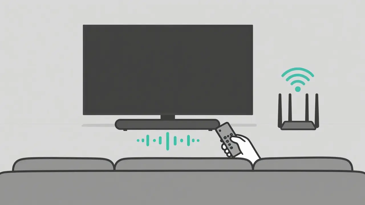 Person using remote with soundbar and Wi-Fi signal connecting to router