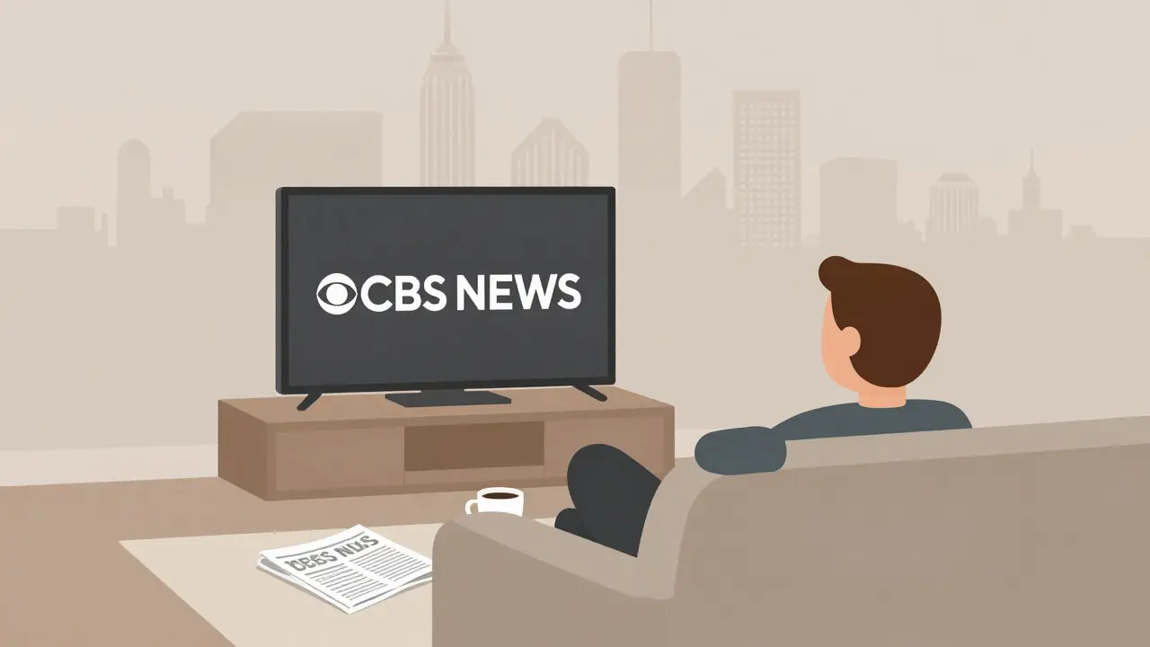 Person watching CBS News live on TV in a quiet living room with city silhouettes in background.