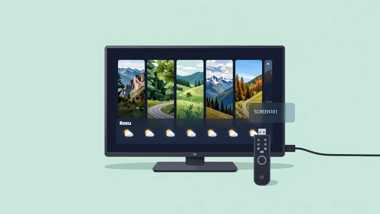 Roku TV showing USB slideshow with private channel code nearby.