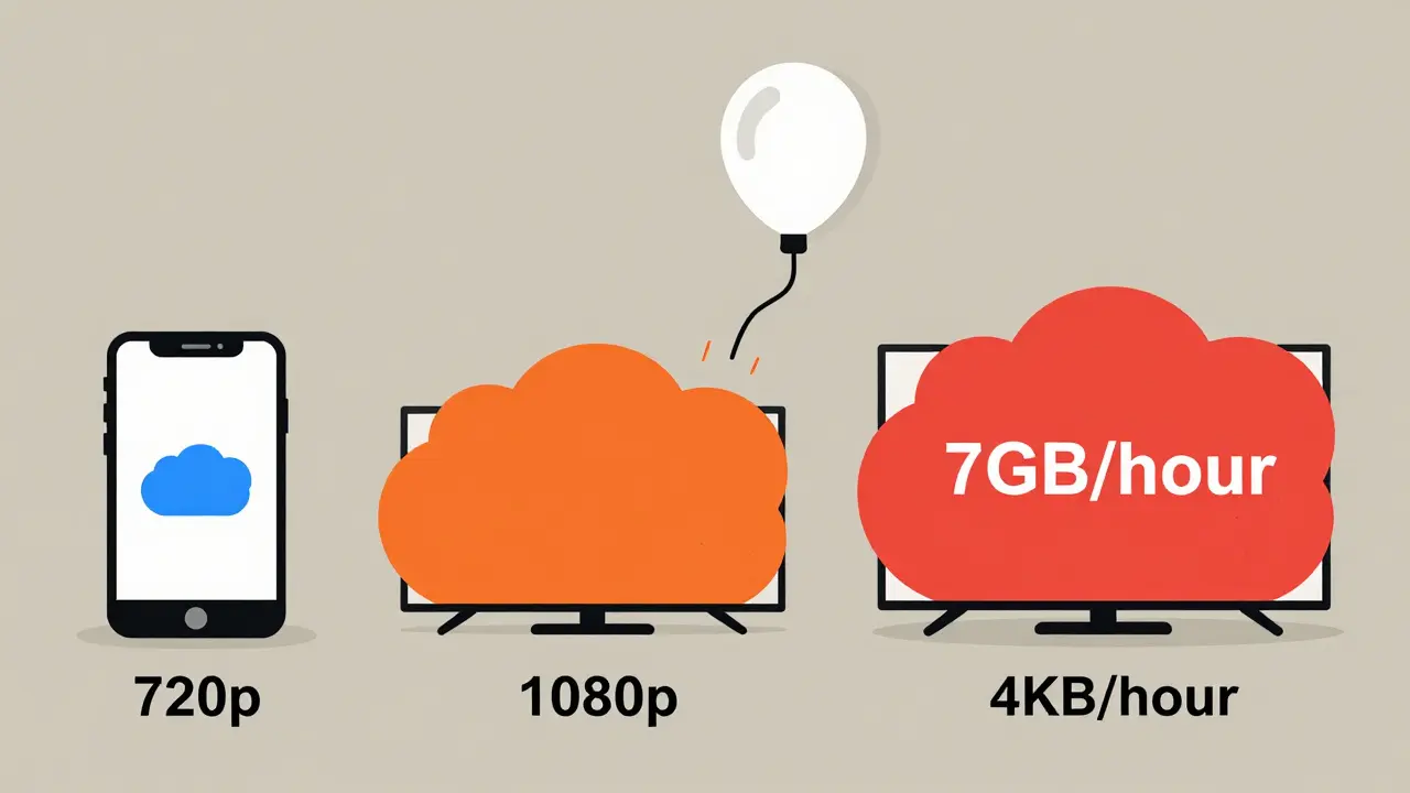 Side-by-side comparison of data usage for phone, TV, and 4K streaming with color-coded clouds.