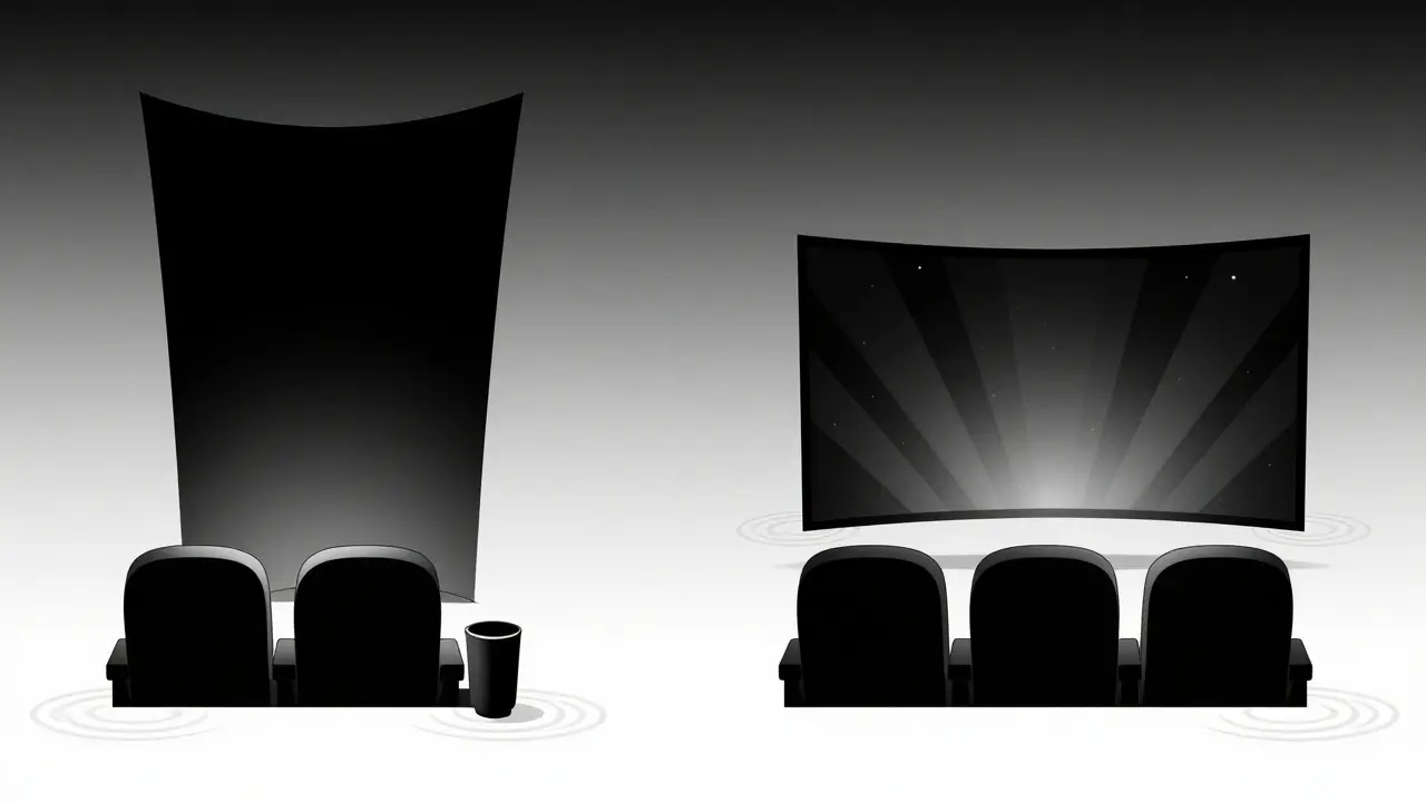Side-by-side theater seats with IMAX and Dolby Cinema screens, showing different visual qualities.