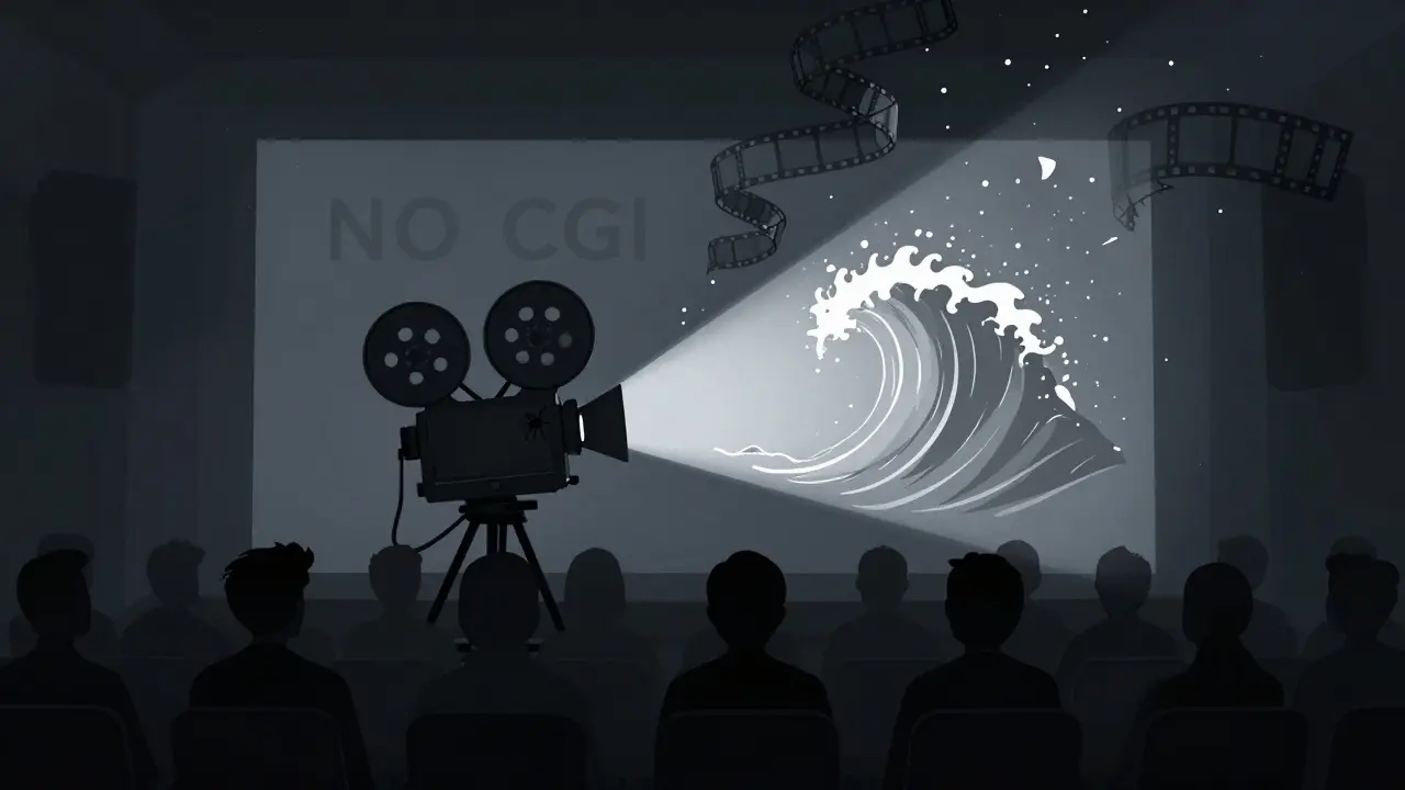 Silent theater audience watching a film projector beam a cracked spine and vibrating sound wave.