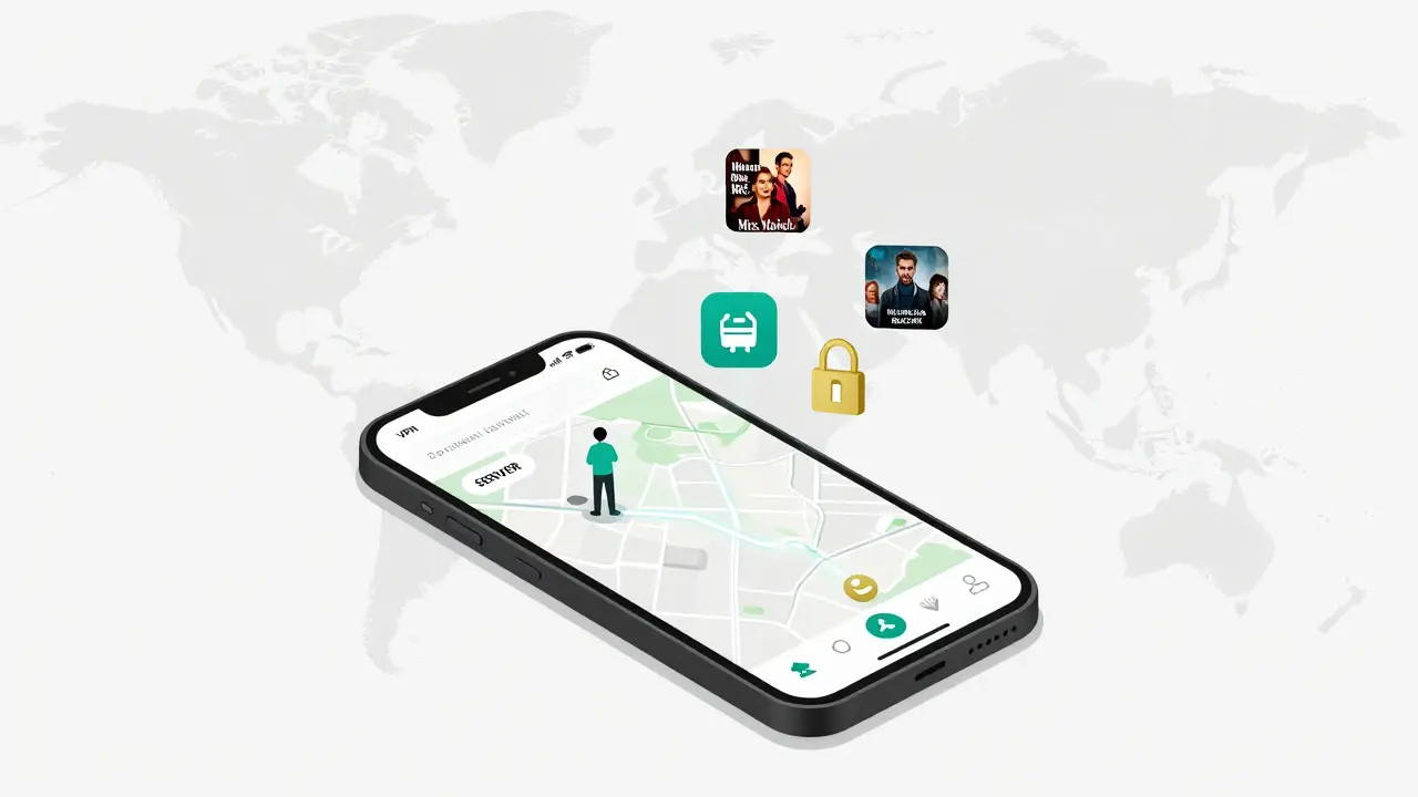 Smartphone showing VPN connecting Italy to U.S. server with Prime Video titles unlocking above.