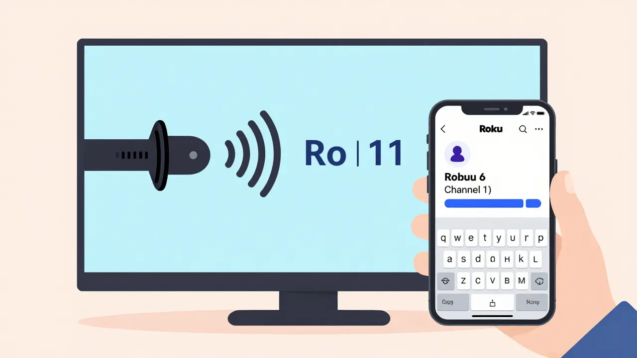Smartphone typing on Roku app while Wi-Fi channel changes on TV.