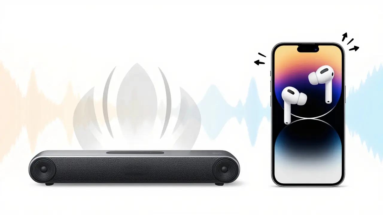 Split illustration of a soundbar and smartphone with head-tracking arrows, showing spatial audio delivery methods.