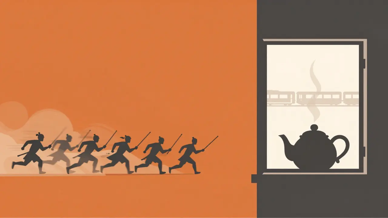 Split scene: seven running warriors on one side, a teapot and train on the other, minimalist illustration.