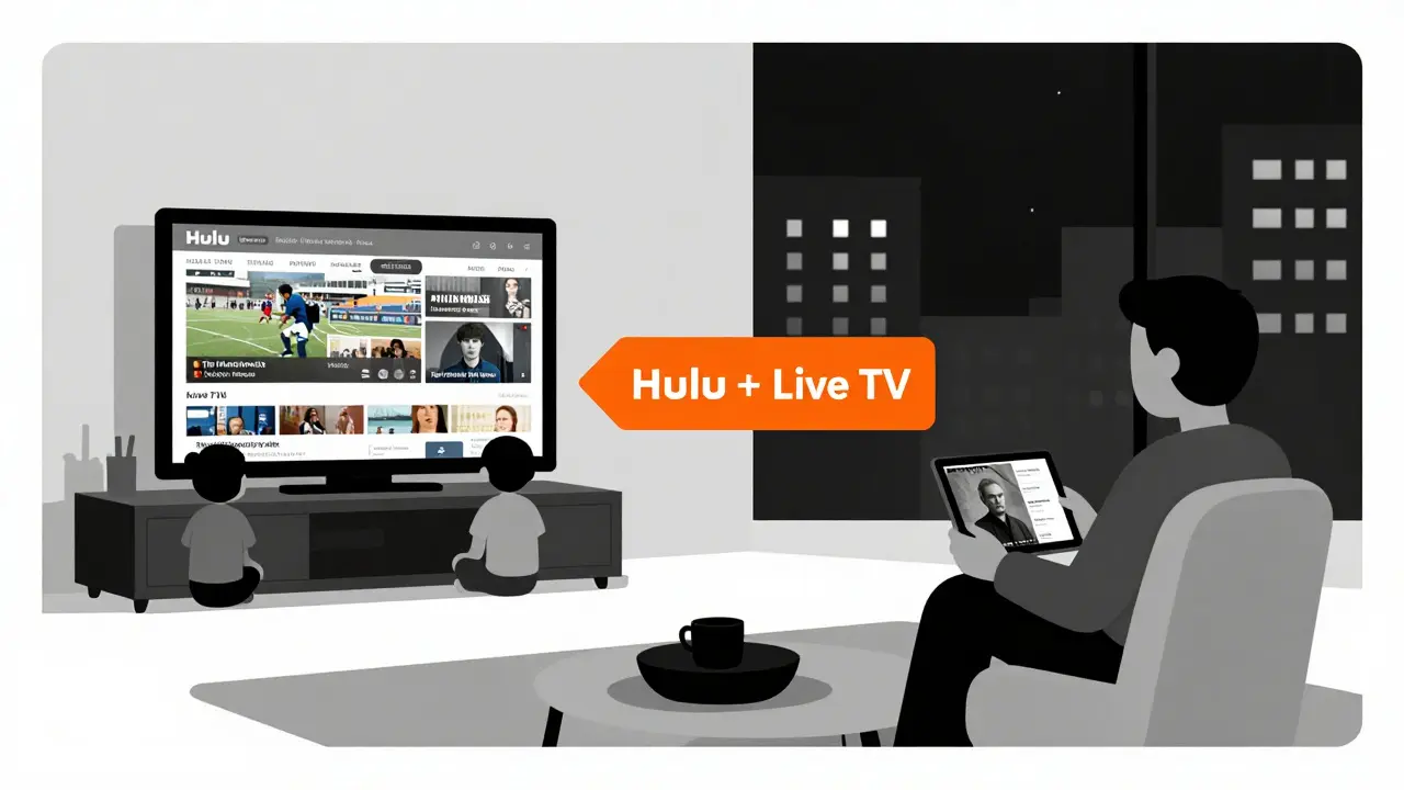 Split scene showing live TV and on-demand viewing, both representing Hulu's dual offerings.