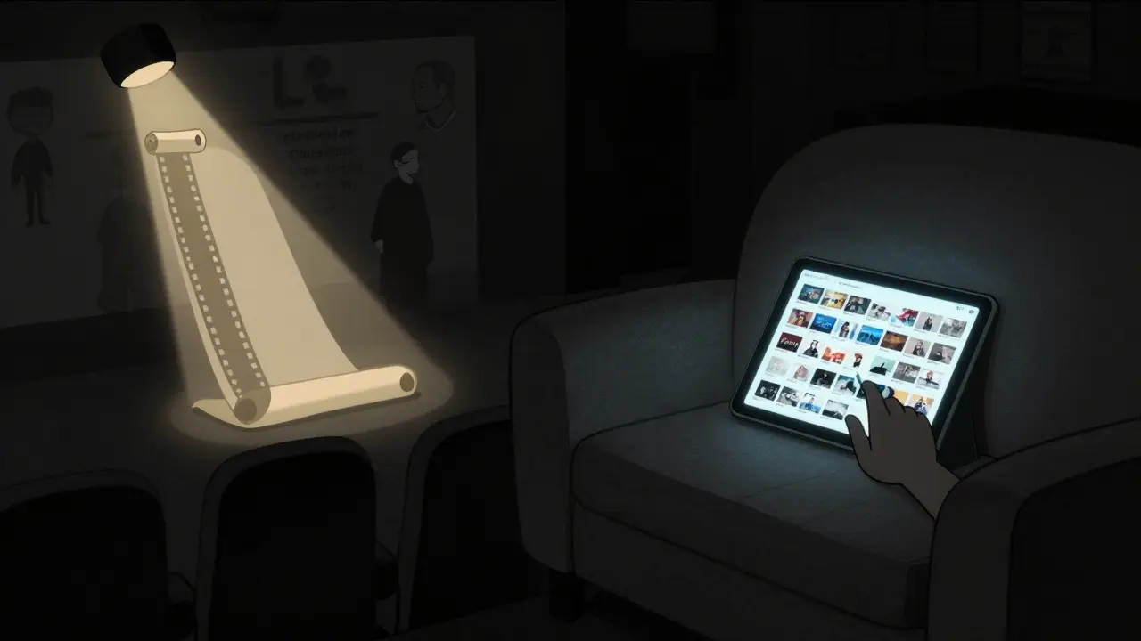 Split-screen scene showing a serene Criterion Collection filmstrip versus a cluttered couch scrolling through endless movie thumbnails.