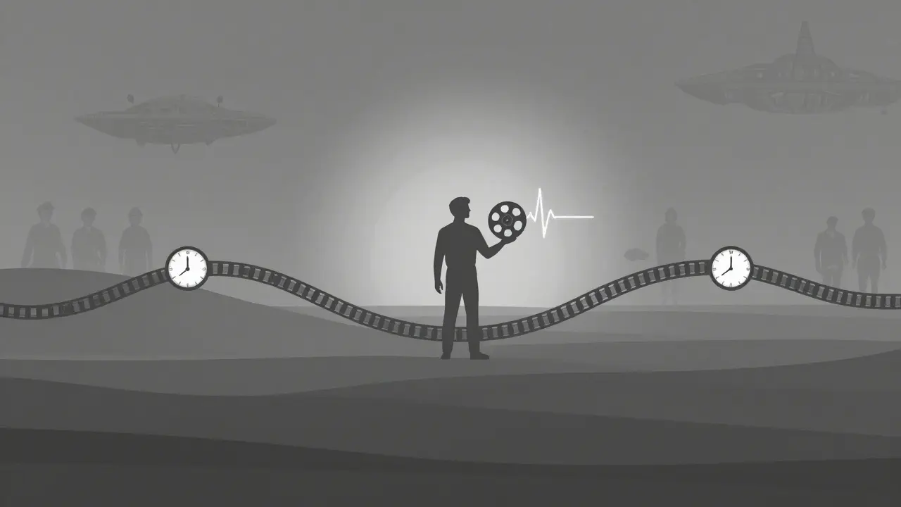Three intertwined timelines with ticking clocks, centered on a film reel pulsing like a heartbeat.