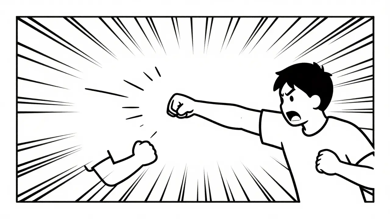 Three simplified frames with radial speed lines showing a powerful punch.