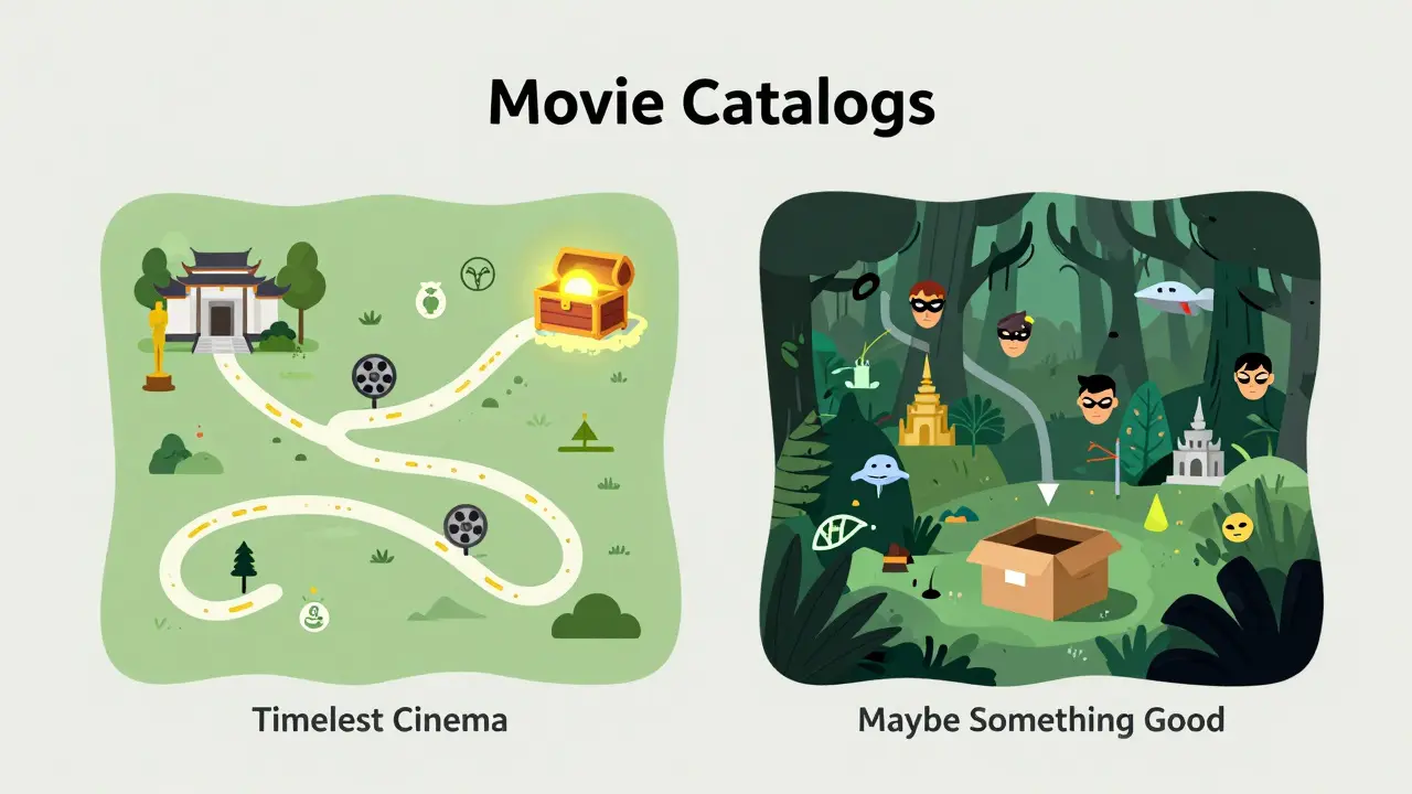 Treasure map with two paths: one to timeless cinema, the other through a jungle of random movie icons.
